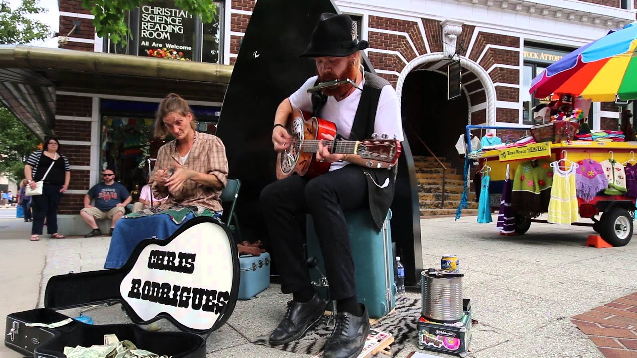Chris Rodrigues and Abby the Spoon Lady Busking in Asheville, NC